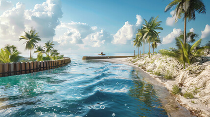 
A tropical beach with white sand, palm trees, and a dock extending into the ocean. The water is crystal clear and there are some white clouds in the blue sky.
 - Powered by Adobe