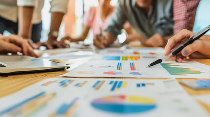 Fototapeta premium Professional business team working on a project together in the office Using economic growth charts and network connections to accompany the data. in analyzing future trends
