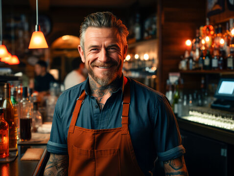 A smiling tattooed male bartender wearing an apron in a cozy bar interior. Generative AI