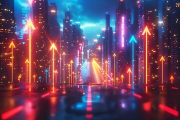 Futuristic cityscape with glowing arrows symbolizing growth and progress in a neon-lit urban environment at night.