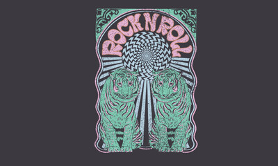 Tiger rock and roll vintage artwork. Freedom spirit print design for t shirt and others. Tiger fearless artwork. Wild attitude is everything. Wild animal graphic hand sketch for music poster.