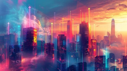 Futuristic cyberpunk cityscape with colorful neon lights and high-tech skyscrapers at sunset.