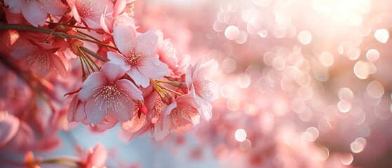 Blooming cherry blossoms with water droplets against a glowing bokeh background, concept of spring renewal. Generative AI - Powered by Adobe