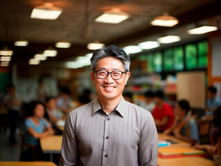 Fototapeta premium Smiling man with glasses, indoor classroom background, in a professional environment, concept of education. Generative AI