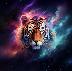 tiger in the galaxy with a bright blue and orange face