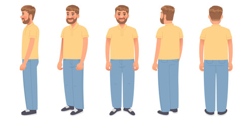 Man character from front side and back view on white background. Vector illustration