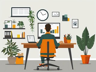 A man sits at a desk working on his computer in a home office filled with plants and decor.