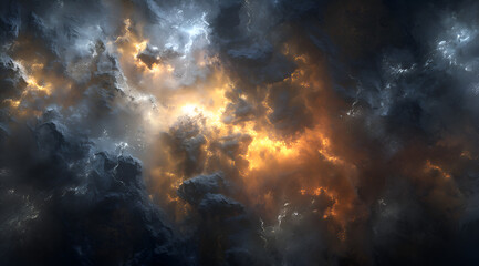 The sky is filled with dark clouds and the sun is setting. The clouds are orange and yellow, creating a warm and dramatic atmosphere