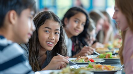 A multicultural group of teenagers sharing a meal in a school cafeteria, diverse ethnicities, blurred background, bokeh, with copy space