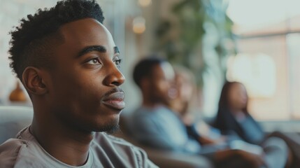 A young man engaging in a supportive group therapy session, listening intently in a bright, comfortable setting promoting mental health and community.