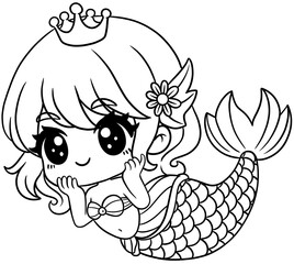 Cute Cartoon Mermaid Illustration Fantasy Character for coloring page
