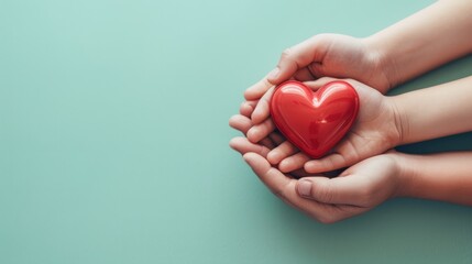 Fototapeta premium adult and child hands holding red heart on aqua background, heart health, donation, CSR concept, world heart day, world health day, family day.