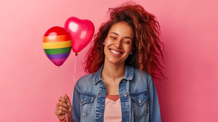 woman holding rainbow balloon heart shaped portrait. Full body side view happy fun young woman wear clothes celebrating hold bunch of balloons look aside on area jump high isolated on plain pink