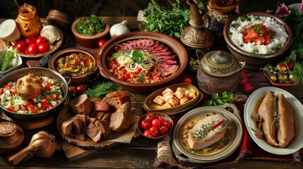 Assortment of Russian traditional dishes. Russian food