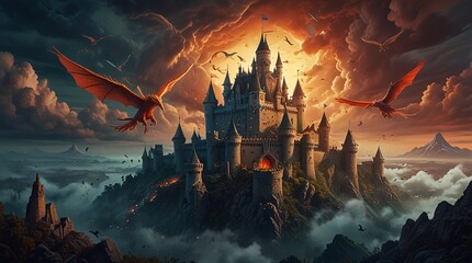 illustration magical kingdom with dragons ai generated