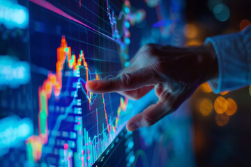 Digital Financial Data: Hand Interacting with a High-Tech Touchscreen Display. Male finger point to a chart on a screen. AI generative