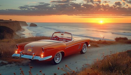 Classic 1950s Car on Golden Sands Minimalist Seascape