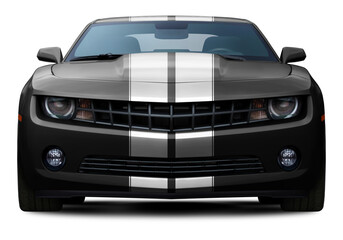Powerful American black muscle car front view. With white stripes in the center. Isolated on a transparent background in PNG format.