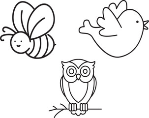 birds black line vector image like owl, sparrow, honey bee