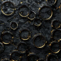 Dark texture featuring rings and dark shadows, deep blacks and gold accents, ai generated