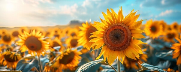 Obraz premium field of sunflowers swaying gently in the breeze, with a blue sky and a small farmhouse visible in the distance