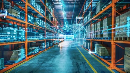 Future virtual reality technology for innovative VR warehouse management . Concept of smart technology for industrial revolution and automated logistic control