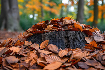 Pile of Autumn Leaves Sitting on a Tree Stump in the Woods