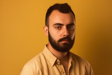 Obraz premium A man with a beard and a yellow shirt is looking at the camera