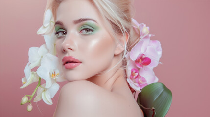 Fototapeta premium Blonde girl on a pink background with flowers near her face 