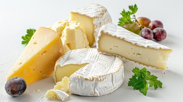 Camembert and Brie Cheese on White Background Close Up