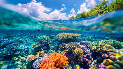 Scenic underwater view of the ocean depths with sunlight filtering through