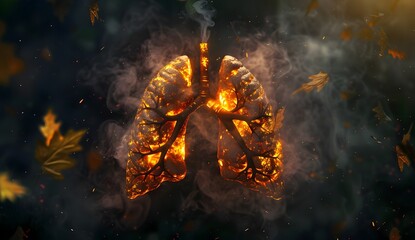 3d render of human lungs, dark background with orange and yellow color smoke