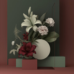 A surreal and minimalist 3D composition in muted tones of dusty dark red and dark yellow, incorporating giant flowers and a wedding theme against an empty background, exuding a sense of calmness .