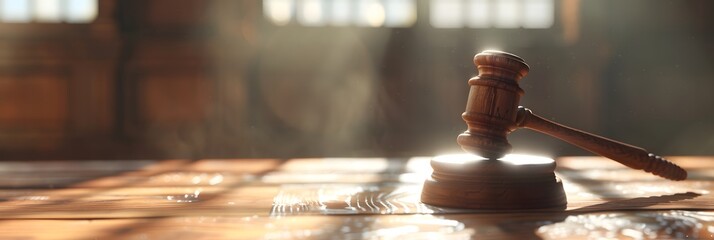 Wooden gavel on an old wood table, representing law and justice in court