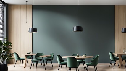 Dining room with green and wood tones, Modern minimalist restaurant or coffeehouse interior, large space cafe mockup for menu template, hotel or eatery area, 3D render