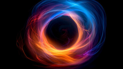 Digital generated image of abstract circular shape made by multicolor glowing light effect against black background.