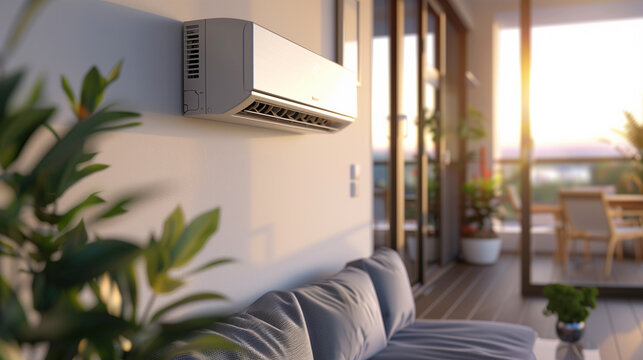 Closeup of air conditioner indoor unit on the wall home apartment