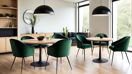 Dining room with green and wood tones, Modern minimalist restaurant or coffeehouse interior, large space cafe mockup for menu template, hotel or eatery area, 3D render