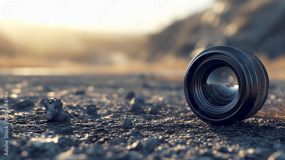 Poster a camera lens on a textured ground with soft sunset light, blurry mountains in the background, refle