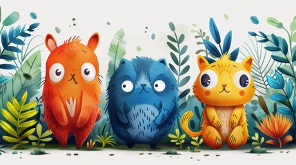 Fototapeta premium Design playful doodles of happy cartoon characters, emphasizing simplicity and fun. Use a bright color palette and clean lines to create whimsical and joyful illustrations that bring happiness to the