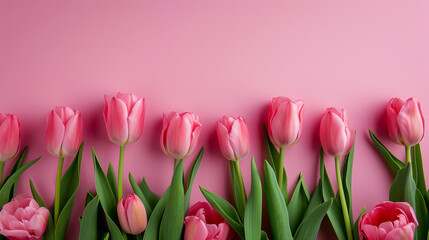 Row of pink tulips against a pink background, symbolizing the concept of spring. Generative AI