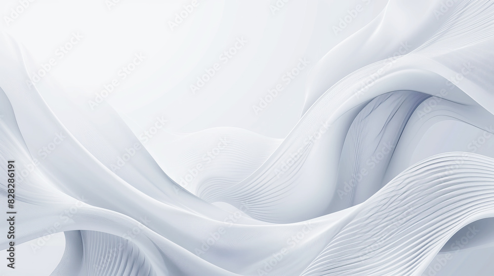 Poster abstract waving white lines forming a fluid structure, displayed on a plain white background, concep