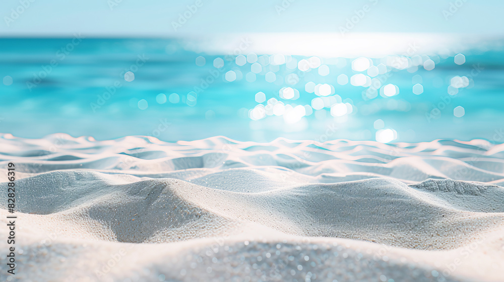 Poster a serene beach scene with glistening sands and a shimmering ocean, set against a clear sky, evoking 
