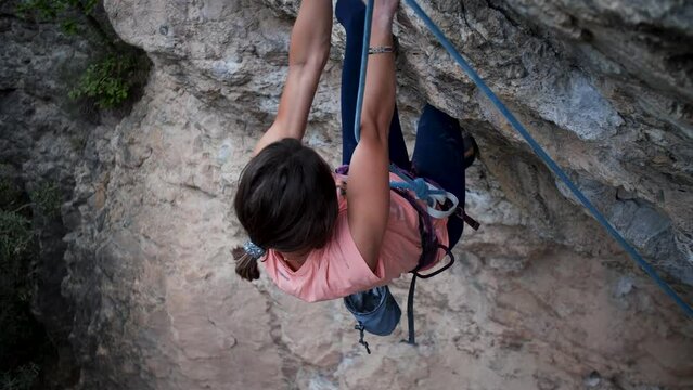  Strong female climber resting in Calders, Catalonia, Spain. High quality 4k footage.