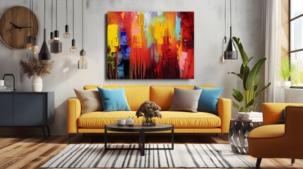 Vibrant and Cozy Modern Living Room with Colorful Abstract Art Wall Painting