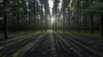 Obraz premium Tranquil Forest Scene with Towering Trees and Black Carpet Underfoot