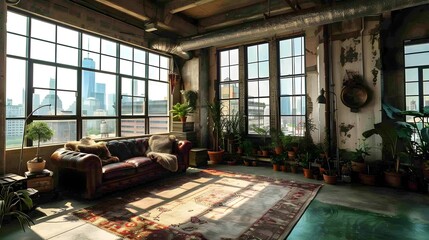 Fototapeta premium Spacious loft apartment with panoramic city skyline view and cozy industrial decor