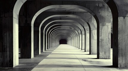 Architectural Grandeur Captured in Monochrome Hallway Scene.