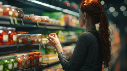 Woman checking label for preservatives in different baby food jars at supermarket, AI Generated