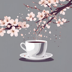 A cup of coffee with pink flowers on it and a black plate with a pink magnolia branch on it.
